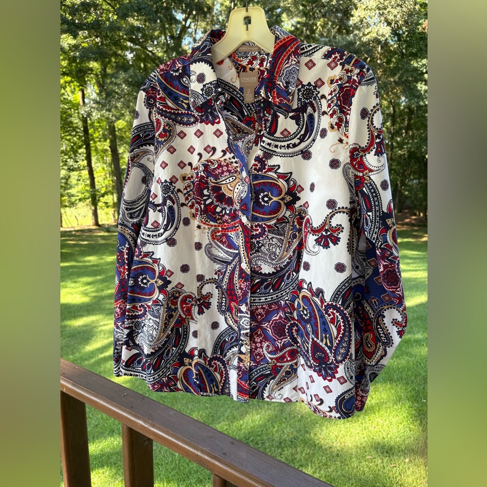 Chico's Multicolor Paisley Button-up Long Sleeve Women’s Blouse Sz 2 (L-12)
